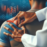 Nærbilde av terapeut som utfører målrettet idrettsmassasje på en atletisk rygg, rolige farger, profesjonelt sportsmiljø, fokus på hender og muskelkontakt