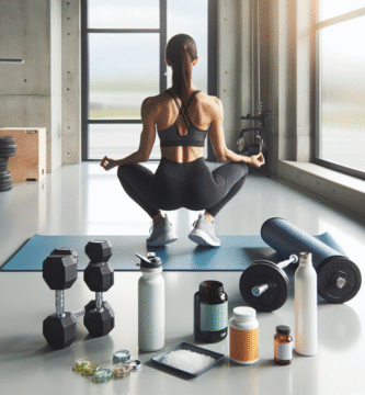 En atlet som kombinerer styrketrening og restitusjon: vekter, yogamatte, vannflaske og magnesiumtilskudd på et lyst, moderne treningsstudio