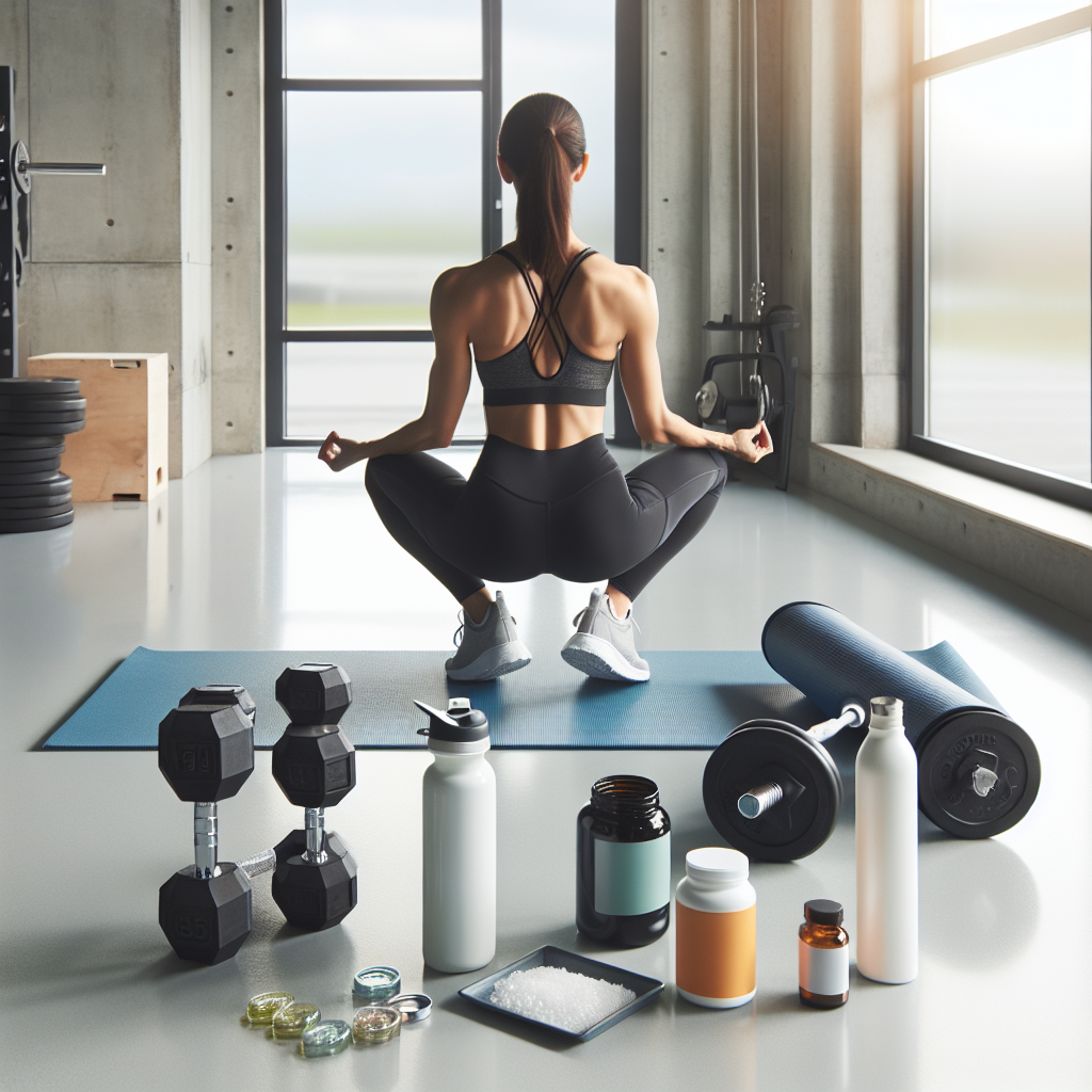 En atlet som kombinerer styrketrening og restitusjon: vekter, yogamatte, vannflaske og magnesiumtilskudd på et lyst, moderne treningsstudio