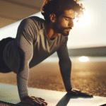 Idrettsutøver gjør yoga på matte i soloppgang, fokusert pust og fleksibilitet, ren moderne stil, naturlig lys